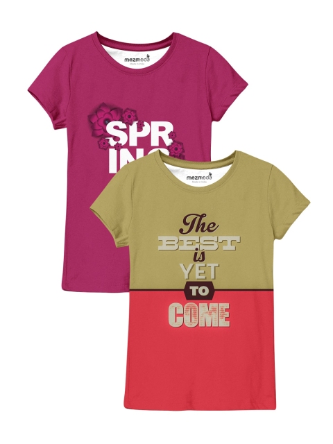

mezmoda Girls Pack of 2 Magenta & Orange Printed T-shirts