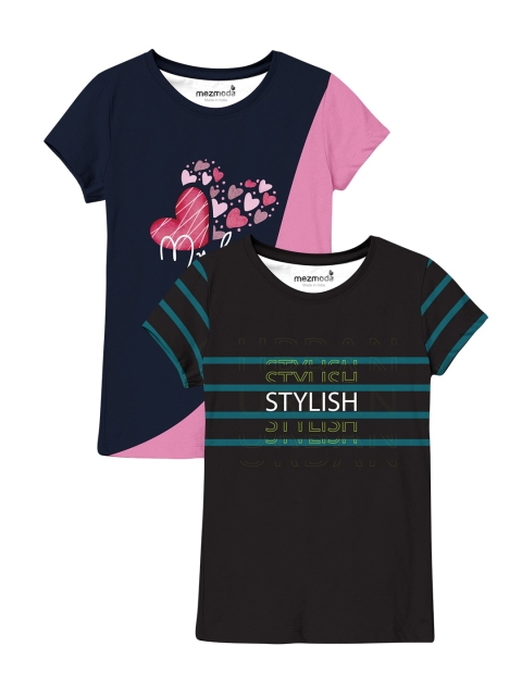 

mezmoda Girls Pack of 2 Typography Printed T-shirt, Black