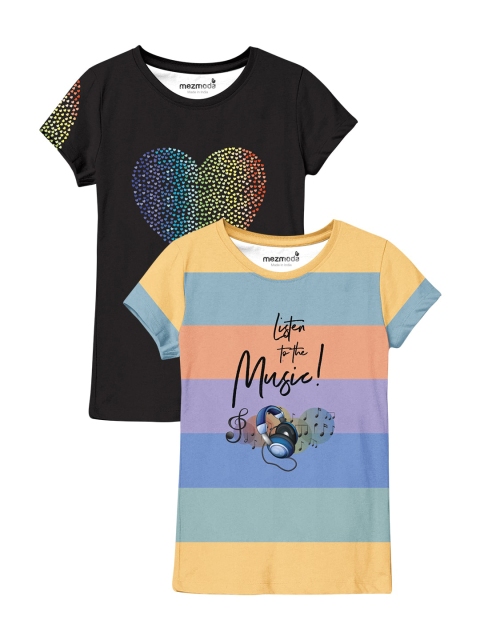 

mezmoda Girls Black & Yellow 2 Printed Extended Sleeves T-shirt