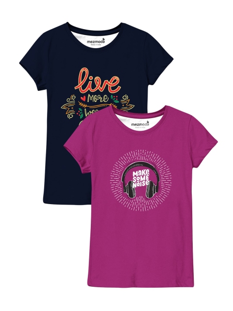 

mezmoda Girls Pack Of 2 Pink & Black Typography Printed T-shirt