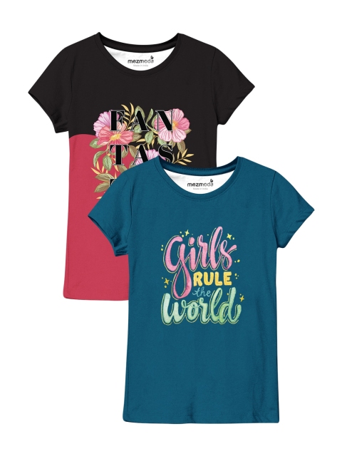 

mezmoda Girls Pack Of 2 Teal Blue & Coral Orange Typography Printed T-shirt