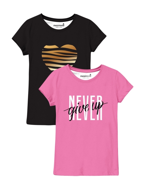 

mezmoda Girls Pack Of 2 Black & Pink Typography Printed T-shirt
