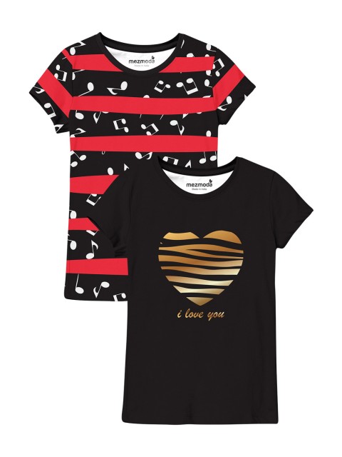 

mezmoda Girls Pack of 2 Printed T-shirt, Black
