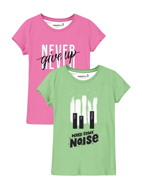 

mezmoda Girls Pack Of 2 Pink & Green Typography Printed T-shirt