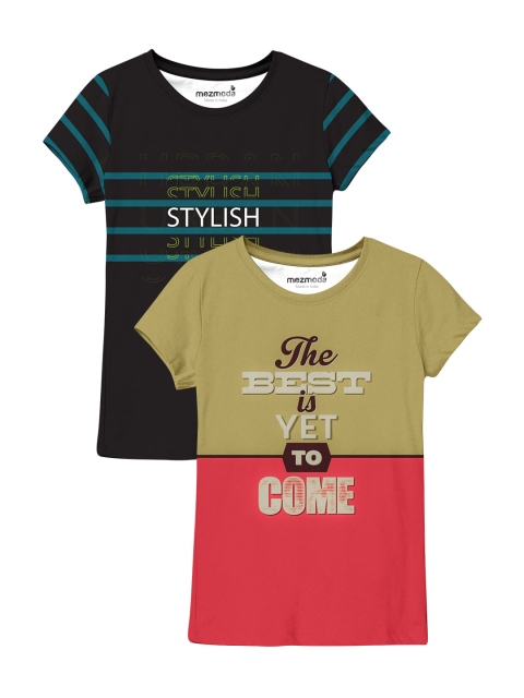 

mezmoda Girls Pack Of 2 Orange & Black Typography Printed T-shirts