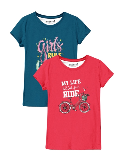 

mezmoda Girls Pack Of 2 Red & Teal Typography Printed T-shirt