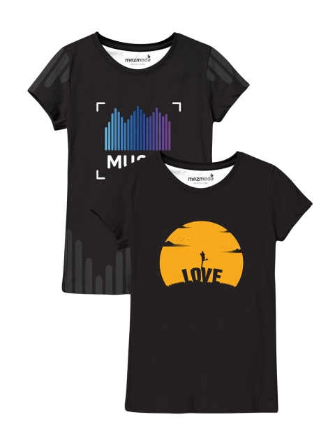 

mezmoda Girls Pack of 2 Printed T-shirts, Black