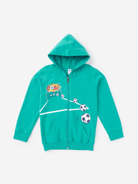 

Hopscotch Boys Green Printed Hooded Bomber Jacket