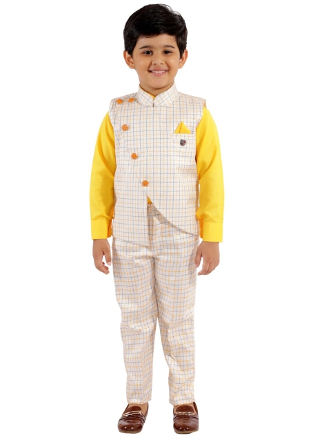 

FOURFOLDS Boys Yellow & Off White Checked 3 Piece Suit