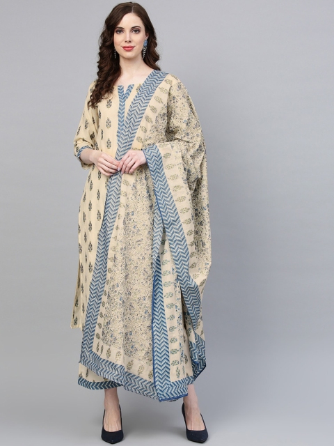 

Indo Era Women Beige Ethnic Motifs Printed Pure Cotton Kurta with Palazzos & With Dupatta