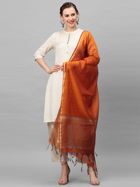 

Indo Era Women Orange & Gold Striped Woven Design Art Silk Dupatta