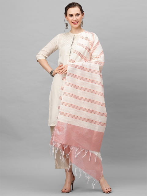 

Indo Era Pink & White Striped Woven Art Silk Dupatta