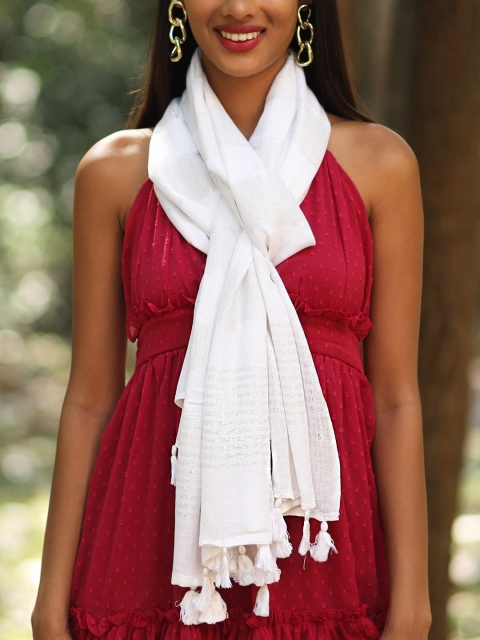 

Ayesha Women White Glitter Tassel Scarf