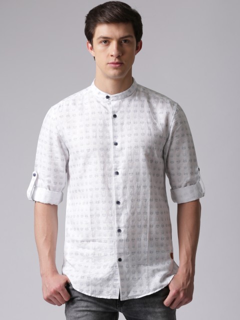 

True Blue Men White Printed Linen Casual Shirt