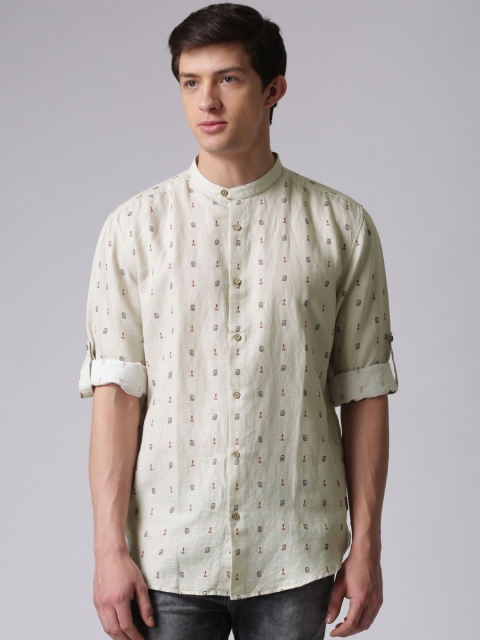 

True Blue Men Off-White Printed Linen Casual Shirt