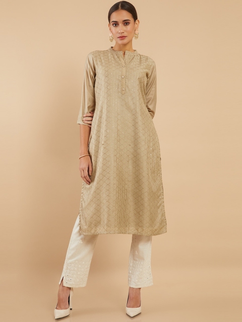 

Soch Women Beige Sequinned Embellished Thread Work Chanderi Silk Kurta