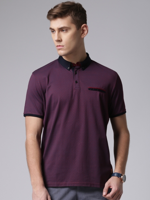 

True Blue Men Blue Maroon Printed Polo Pure Cotton T-shirt