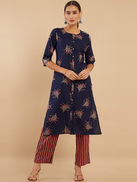 

Soch Women Navy Blue & Red Floral Printed Kurta With Trousers