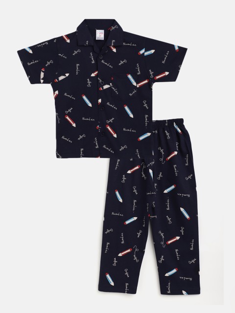 

NAUTI KIDZ Boys Navy Blue & Red Pure Cotton Printed Pyjamas Set