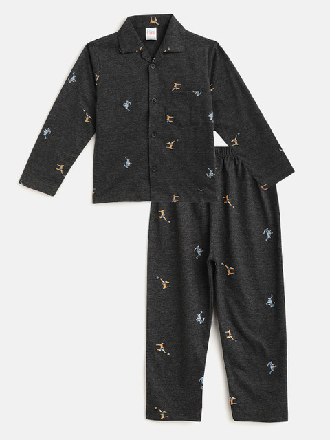 

NAUTI KIDZ Boys Charcoal Grey & Yellow Printed Pure Cotton Pyjamas Set