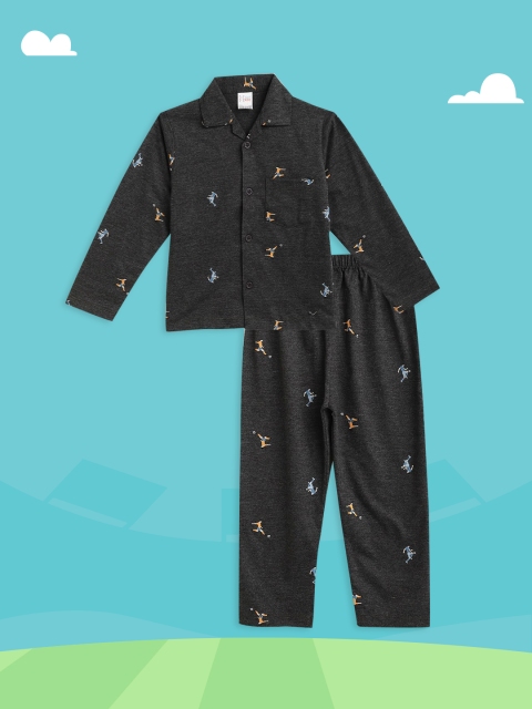 

NAUTI KIDZ Boys Charcoal Grey & Yellow Printed Pure Cotton Pyjamas Set