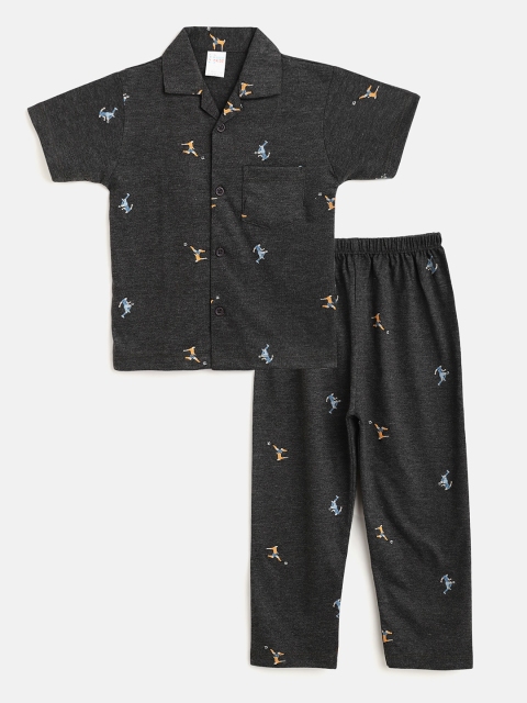 

NAUTI KIDZ Boys Charcoal Grey & Yellow Printed Pure Cotton Pyjamas Set