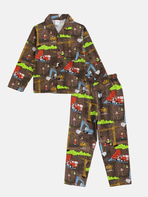 

NAUTI KIDZ Boys Brown & Lime Green Printed Pure Cotton Pyjamas Set