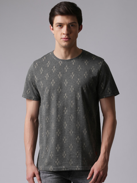 

True Blue Men Grey Melange Printed T-shirt