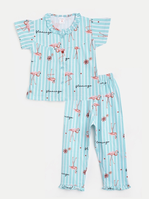 

NAUTI KIDZ Girls Blue & Pink Cotton Flamingo Print Striped Pyjamas Set