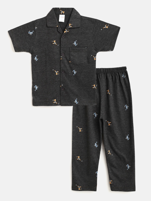 

NAUTI KIDZ Boys Charcoal & Yellow Printed Pure Cotton Pyjamas Set