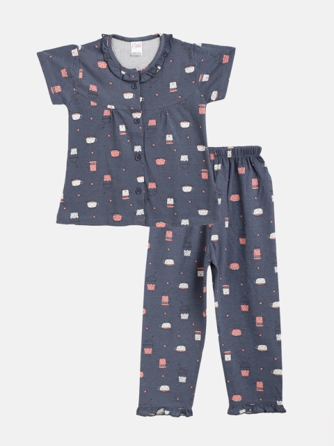 

NAUTI KIDZ Girls Navy Blue & White Pure Cotton Conversational Printed Pyjamas Set