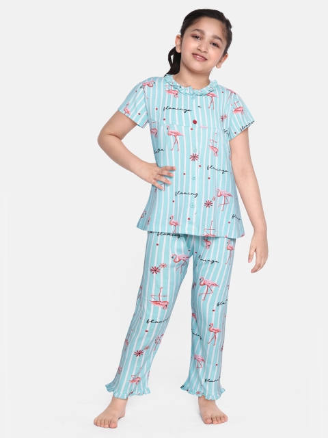 

NAUTI KIDZ Girls Blue & Pink Cotton Flamingo Print Striped Pyjamas Set