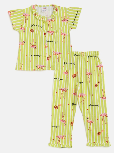 

NAUTI KIDZ Girls Lime Green & Pink Flamingo Print Pure Cotton Pyjamas Set
