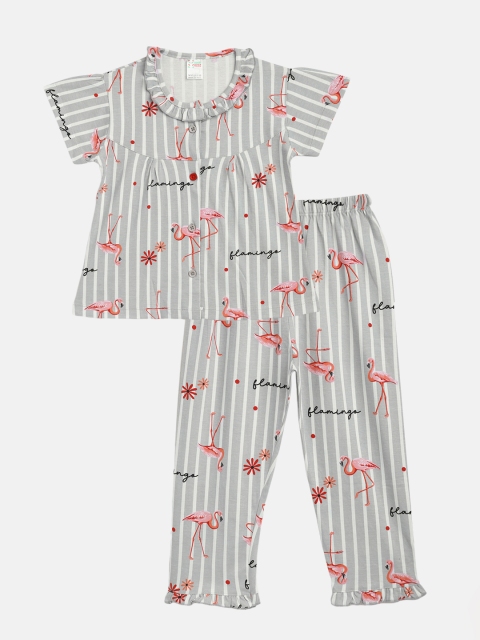 

NAUTI KIDZ Girls Grey & White Pure Cotton Striped Printed Pyjamas Set