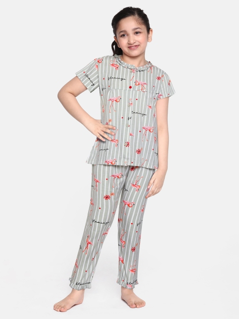 

NAUTI KIDZ Girls Grey & White Pure Cotton Striped Printed Pyjamas Set
