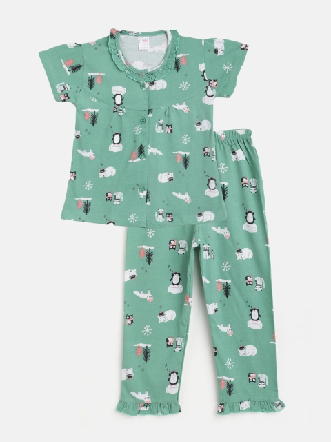 

NAUTI KIDZ Girls Green & White Pure Cotton Conversational Printed Pyjamas Set