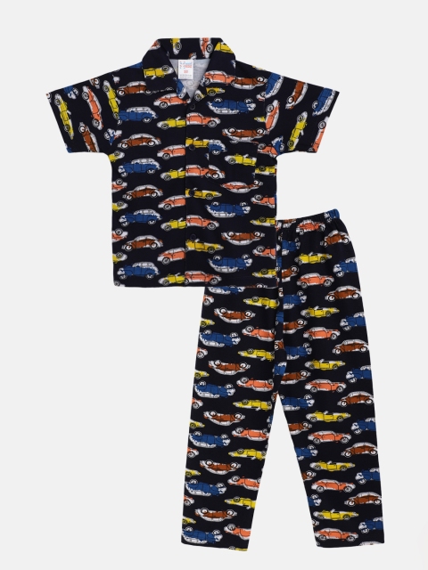 

NAUTI KIDZ Boys Navy Blue & Yellow Cotton Car Print Pyjamas Set