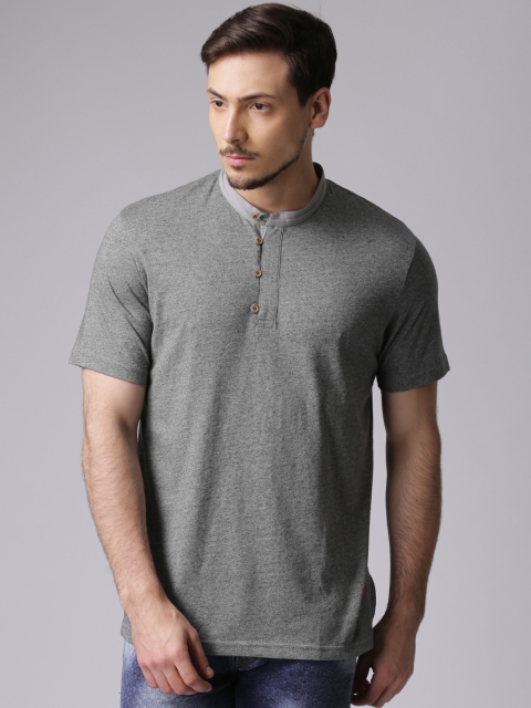 

True Blue Men Grey Melange Solid Mandarin collar T-Shirt