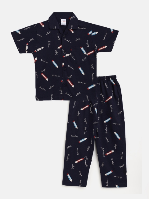 

NAUTI KIDZ Boys Navy Blue & White Printed Pure Cotton Night suit
