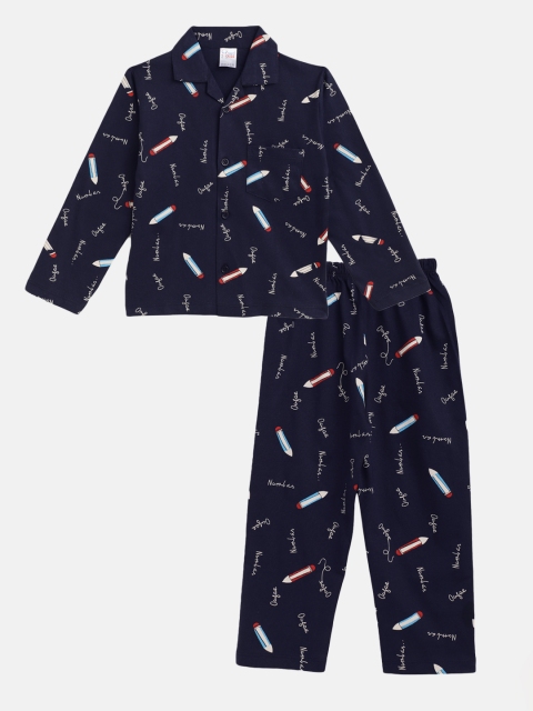 

NAUTI KIDZ Boys Navy Blue & White Printed Pure Cotton Night suit