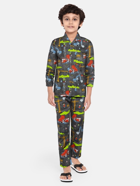 

NAUTI KIDZ Boys Charcoal Grey & Green Cotton Printed Pyjamas Set