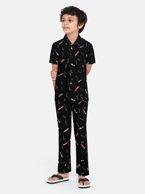 

NAUTI KIDZ Boys Black Cotton Printed Pyjamas Set