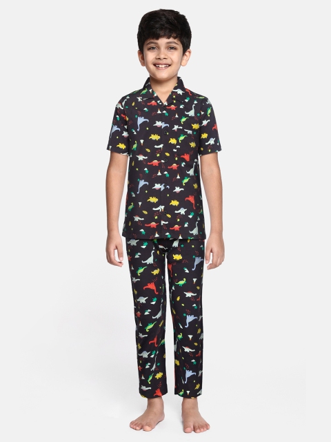 

NAUTI KIDZ Boys Charcoal Grey & Off White Printed Pure Cotton Night suit