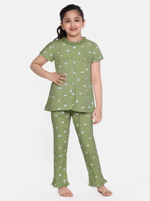 

NAUTI KIDZ Girls Green & White Cotton Printed Pyjamas Set