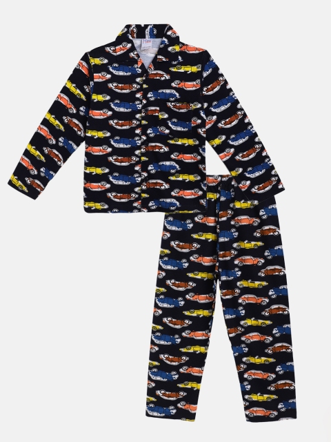 

NAUTI KIDZ Boys Navy Blue & Yellow Car Print Pure Cotton Pyjamas Set