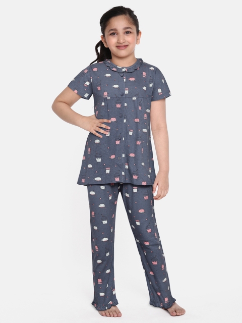 

NAUTI KIDZ Girls Navy Blue & Pink Cotton Printed Pyjamas Set