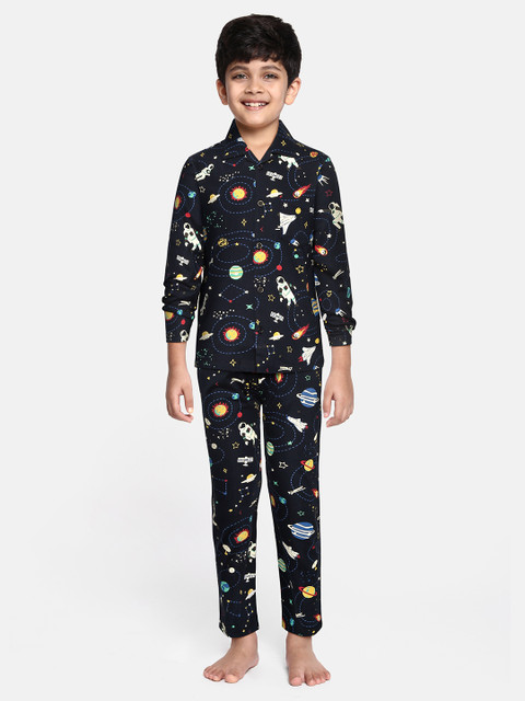 

NAUTI KIDZ Boys Navy Blue & Off White Printed Pure Cotton Night suit