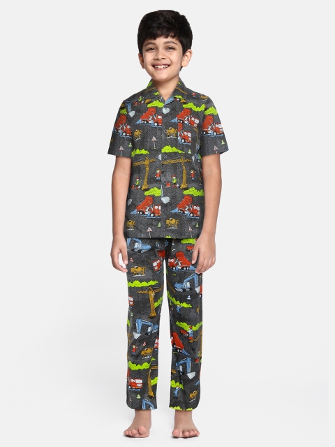 

NAUTI KIDZ Boys Charcoal Grey & Green Cotton Printed Pyjamas Set