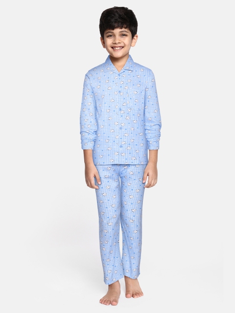 

NAUTI KIDZ Boys Blue & White Cotton Printed Checked Pyjamas Set