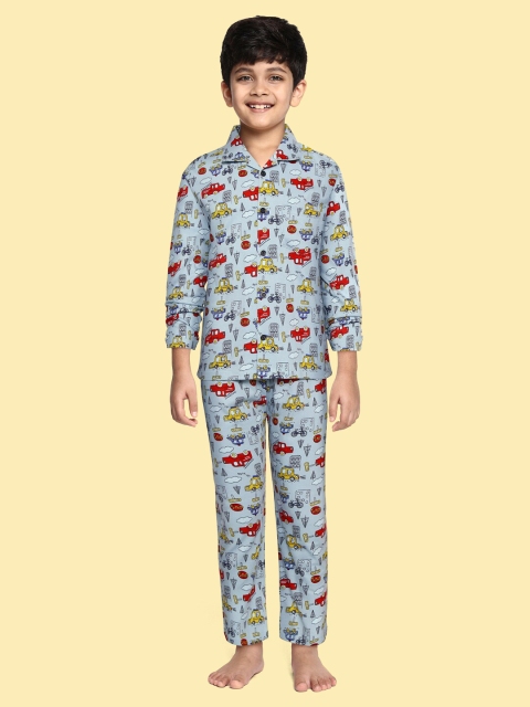

NAUTI KIDZ Boys Blue with a tinge of grey & Red Pure Cotton Car Print Pyjamas Set